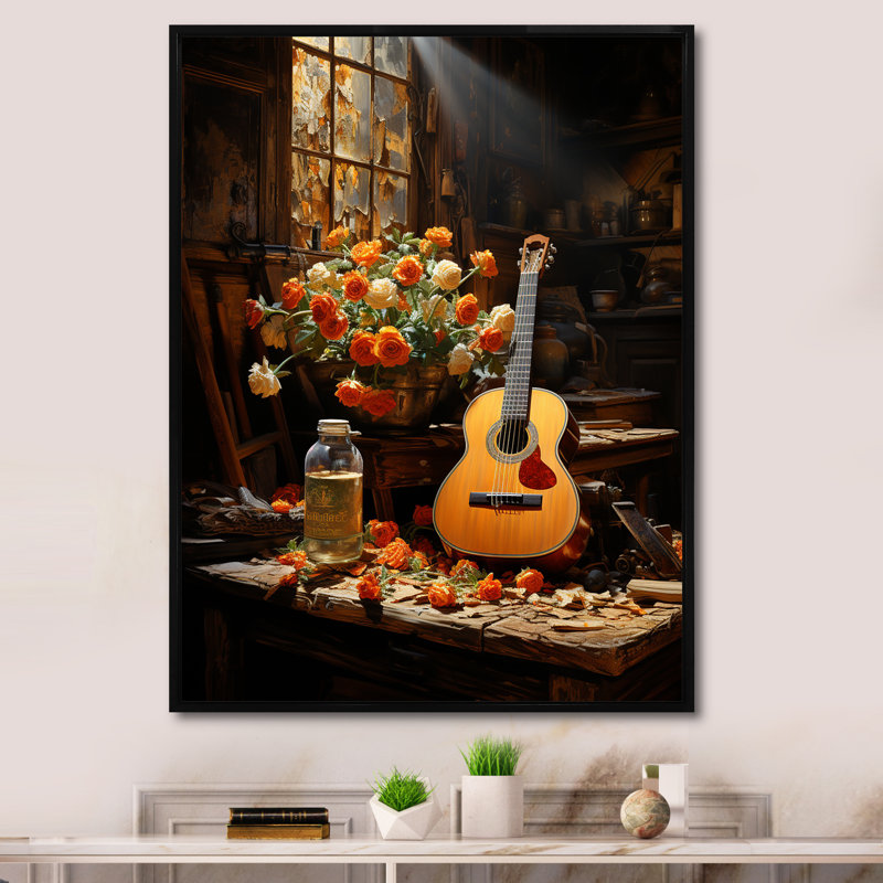 Guitare Country Country en brun rustique, H 32 po x l 16 po x P 1 po, Cadre flottant noir