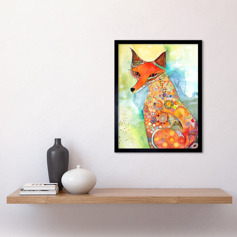 Sitting Fox Folk Art Watercolour Painting Art Print Framed Poster Wall Decor 12x16 inch