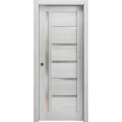 Porte coulissante à galandage avec vitrage dépoli Quadro 4088, finitions chêne gris pâle, quincaillerie et rail inclus, bois massif, pour chambre à coucher, portes robustes - 61 cm x 203 cm
