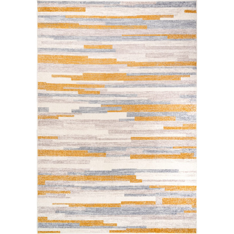 Tapis géométrique moderne contemporain pour le salon en jaune moutarde et beige, Rectangle 6 pi 7 po x 9 pi 2 po