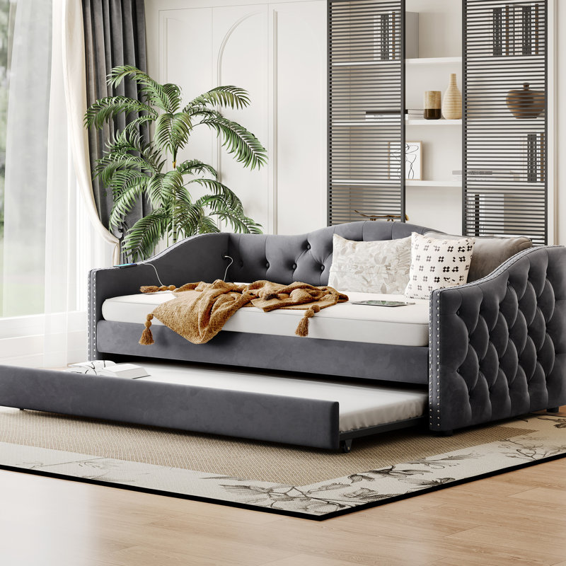 Gray Twin Upholstered Daybed With Trundle, Charging On Left Armrest, Wood Slat Bed Frame, Velvet Upholstery, Mid - Century Design Nailhead Trimmed Waved Arms, Bedroom Escape Trundle And Support,