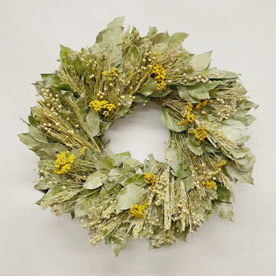Dried Flower 22" Leaves, Flax, and Yellow Yarrow Wreath