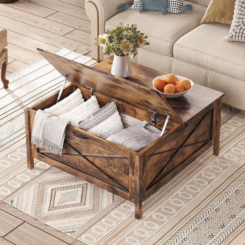Table basse à plateau relevable, table centrale carrée avec compartiment de rangement caché, table basse en bois de ferme pour salon, chambre à coucher, bureau à domicile