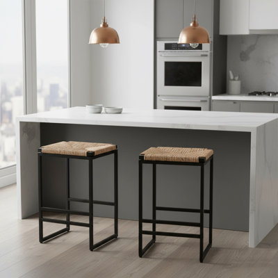 Set of 2 Industrial Style End Tables with Wooden Tabletop and Metal Frame