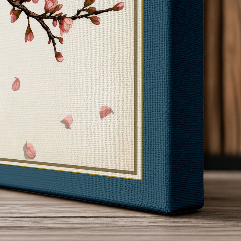 Cherry Blossom Branch Japandi - Wrapped Canvas, 36x24 - 91.4 x 61.0 cm, Teal Border