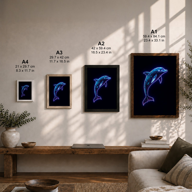 Neon Dolphin Leap Modern - Framed Print, A2 - 59.4 x 42.0 cm, White