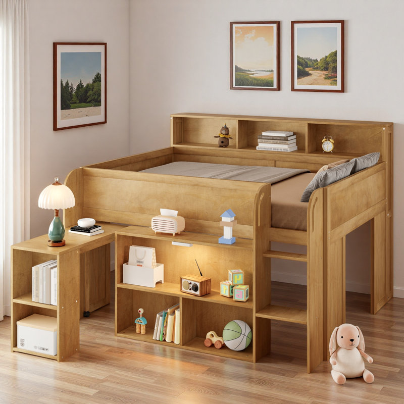 Lit mezzanine avec plusieurs tablettes de rangement, bureau et DEL, Noyer