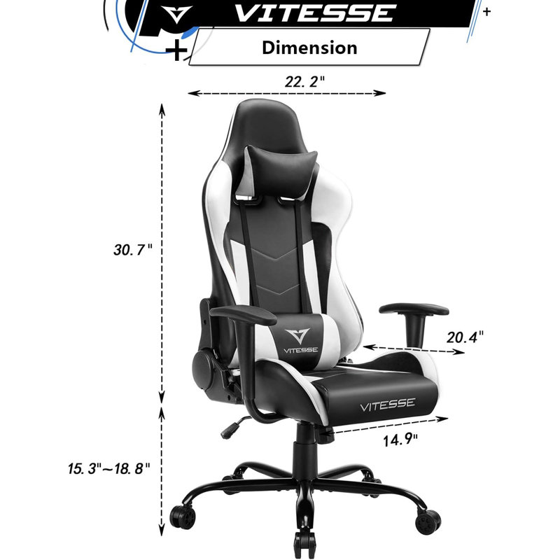 Fauteuil de jeu ergonomique pour ordinateur avec support et appui-tête de 330 lb, Blanc, H 49,7 po x l 22,2 po x P 21 po