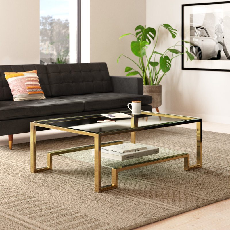 Declan Glass Top Single Coffee Table, 18" H x 50" W x 36" D, High Polish Gold