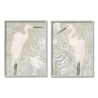 White Heron Nautical Seashells Rustic Starfish Wildlife