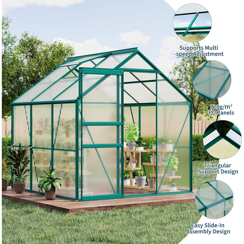 6x6 FT Walk-In Polycarbonate Greenhouse, Heavy Duty Aluminum Frame with Lockable Sliding Door, Adjustable Roof Vent & Rain Gutter, All-Weather Kit for Patio or Backyard - Green