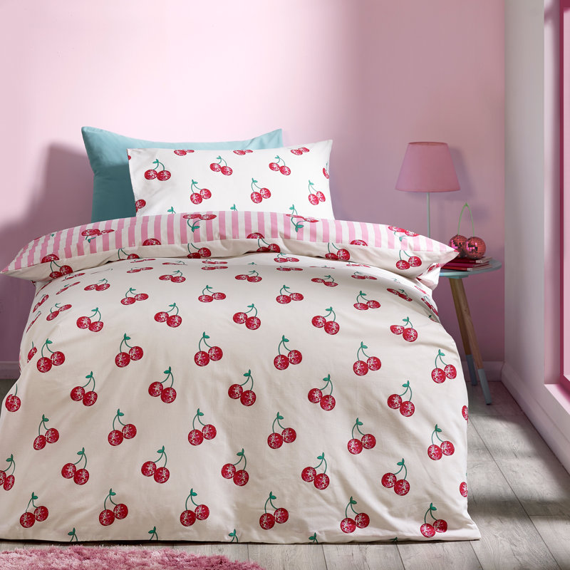 Disco Cherries Stripes Reversible Duvet Cover Set, Single Duvet Cover + 1 Standard Pillowcase