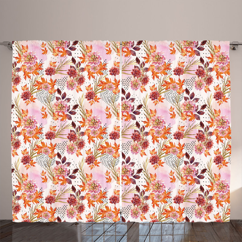 Rustic curtain, autumn dahlia flowers, floral design, cinnabar red baby pink ruby