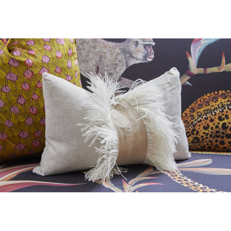 Linen Lumbar Pillow with Ostrich Feather Trim, Natural Linen/Stone Washed Ostrich Feather