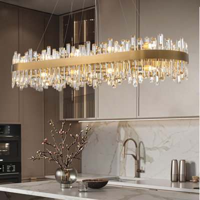Kacy Dimmable 16/20-Light Gold Rectangle Crystal Chandelier, Modern Ceiling Light for Kitchen Island or Dining Room