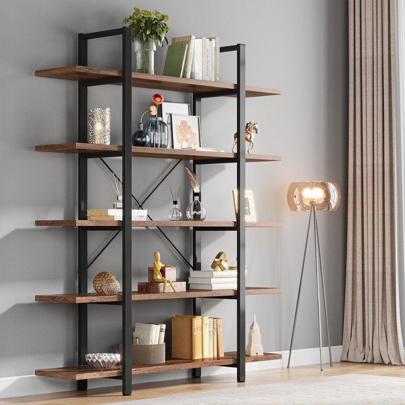 Industrial 5-Tier Bookcase, Metal Frame Open Shelf with X-Back Design, 71" Tall Storage Shelves for Living Room, Home Office, Rustic Brown & Black