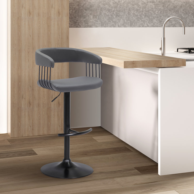 Demetrik Swivel Adjustable Height Upholstered Bar Stool with Arms and Pedestal Base, Black, Gray