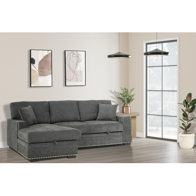 Canapé modulaire gris foncé avec rangement et lit escamotable + bibliothèque avec accoudoirs avec port USB + 2 coussins
