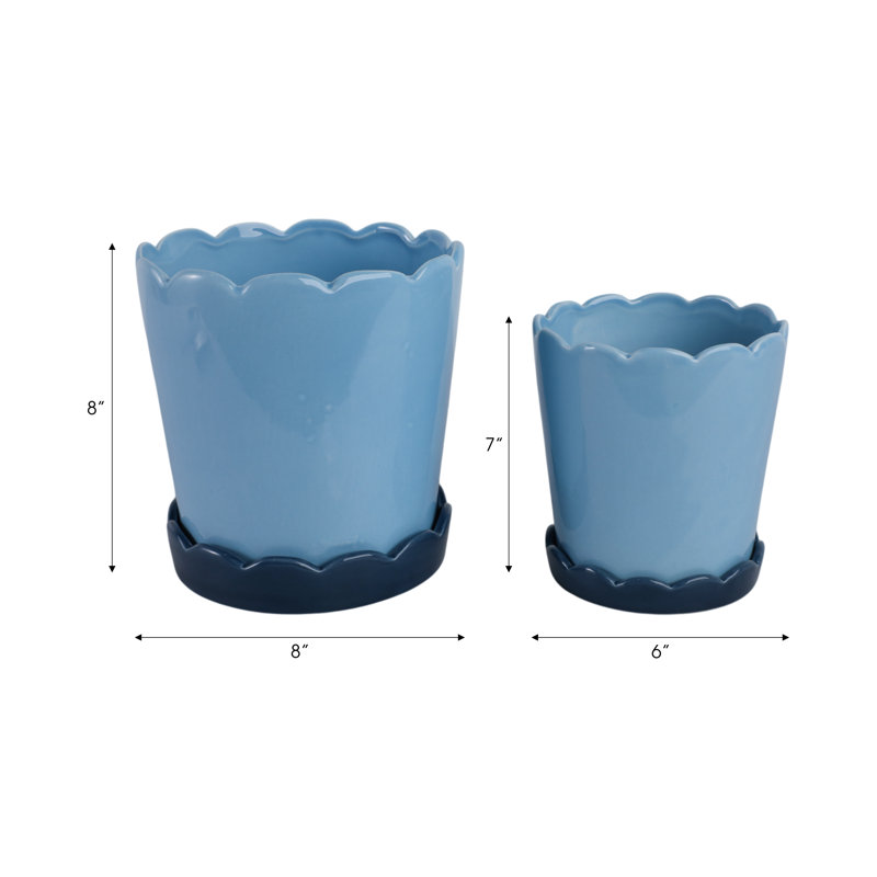 Saucer Planters Ceramic Scalloped Edge Design Modern Decorative Versatile Round Shape Durable Construction Set Of 2