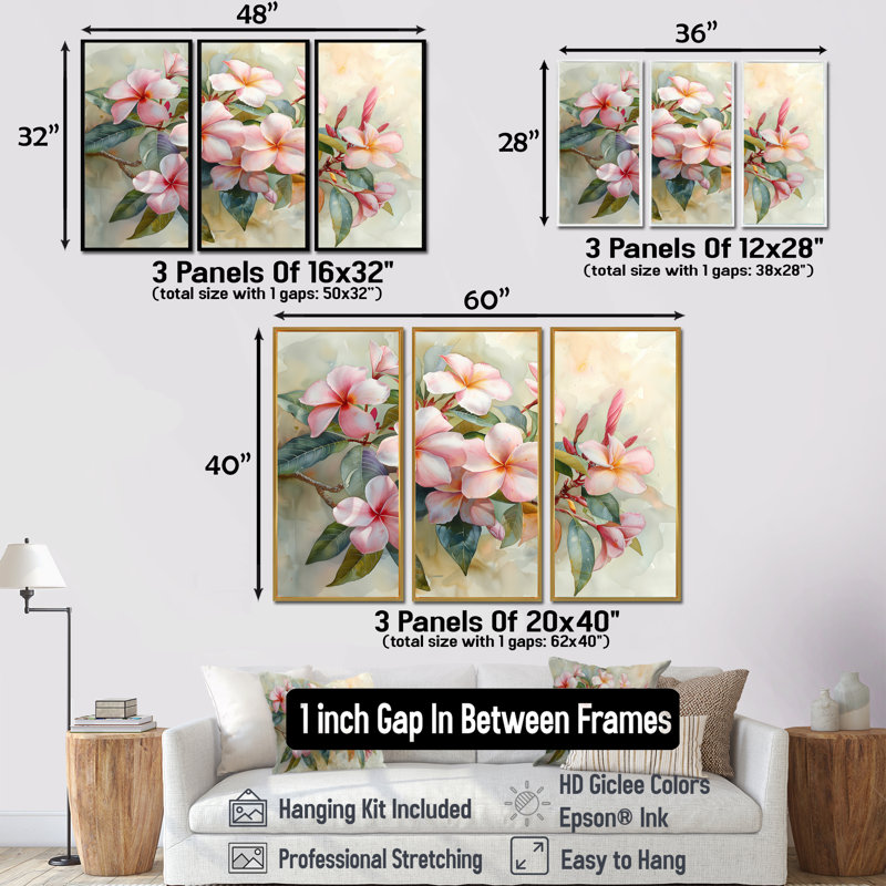 Ensemble de salon Tidiane - Plumeria Wall Art, H 40 po x l 60 po x P 1 po, Toile naturelle avec cadre flottant
