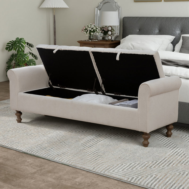 Banc de rangement rembourré capitonné avec double couvercle, Beige