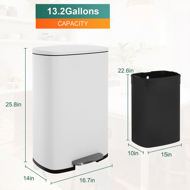 White Stainless Steel 13 Gallon Kitchen Trash Can with Foot Pedal