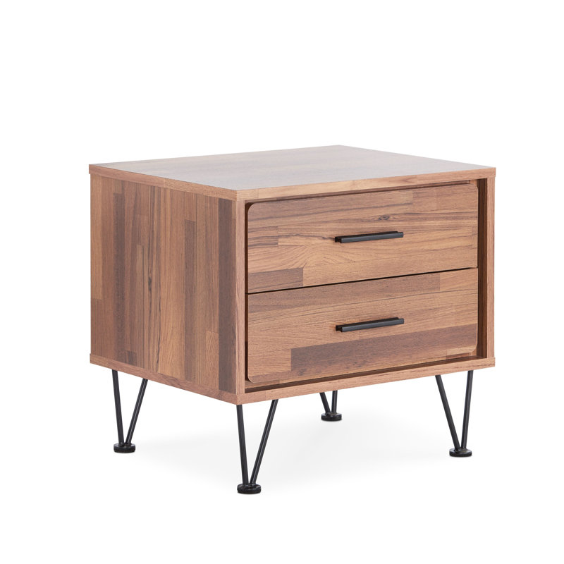 Walnut Finish Accent Table With 2 Storage Drawer Units And Metal Legs