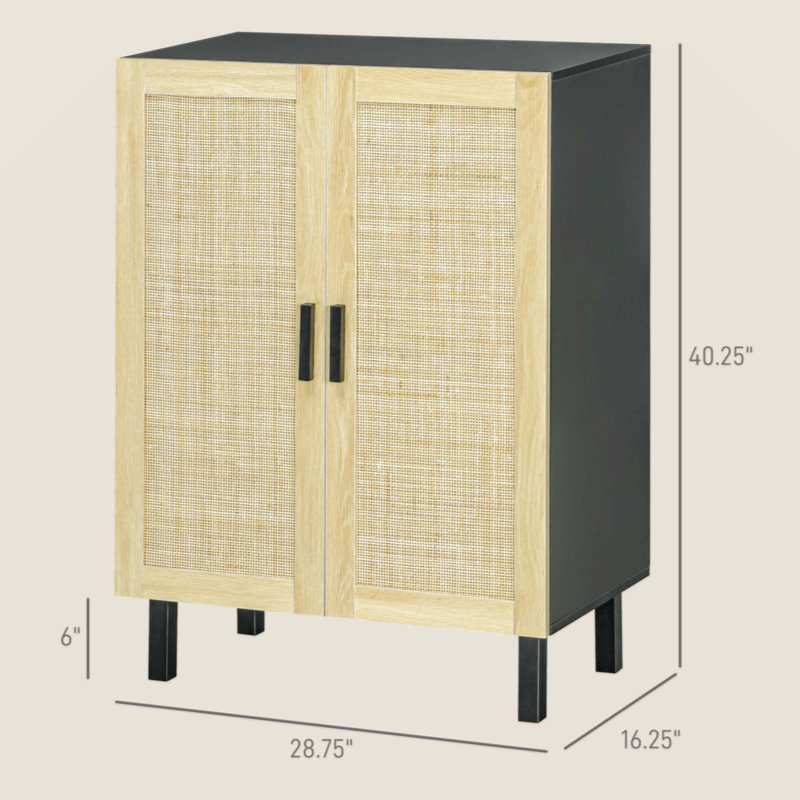 Buffet buffet, armoire de cuisine, armoire à café avec 2 portes en rotin, Noir/naturel