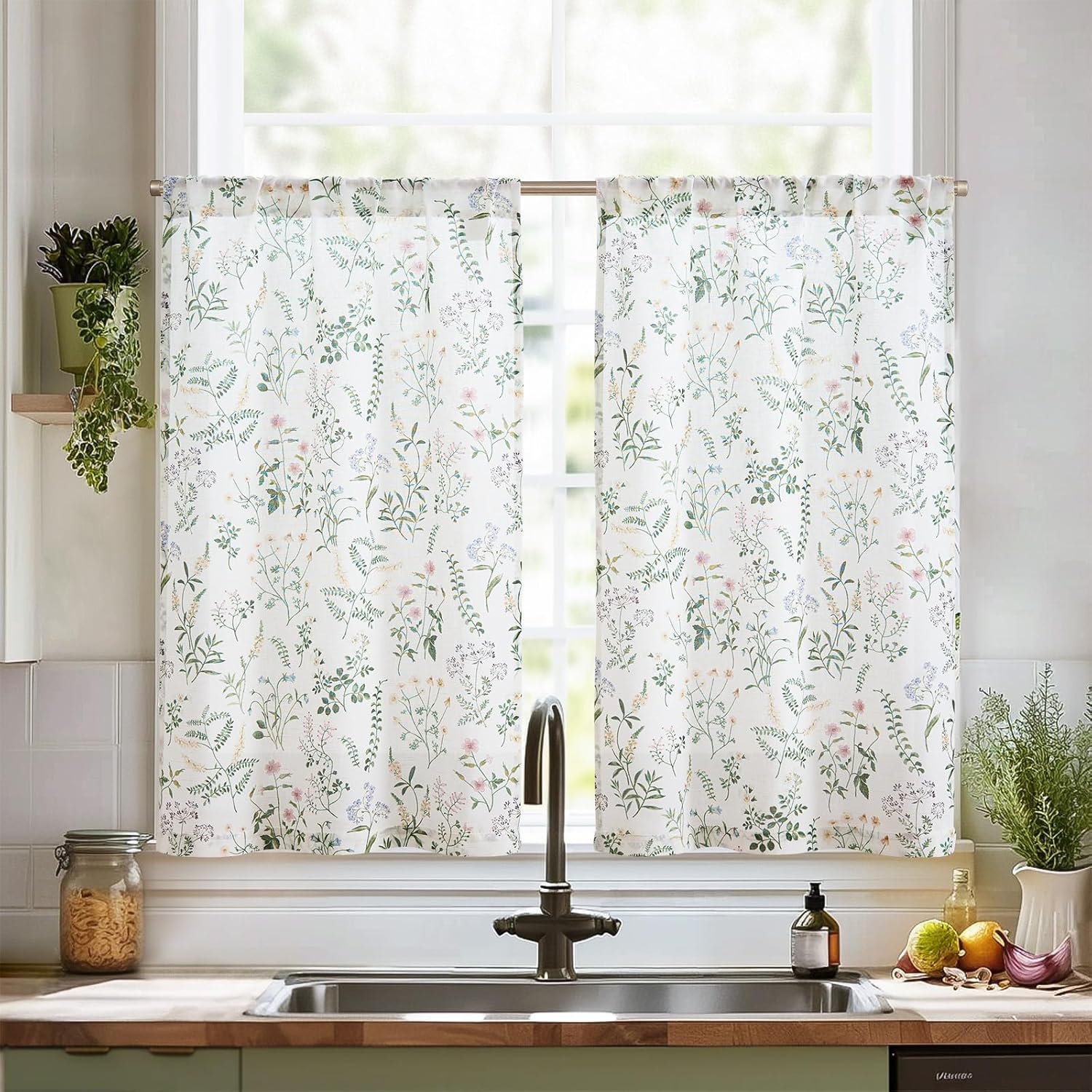 JINCHAN Linen Floral Kitchen Curtains Rod Pocket Tier Curtains | Wayfair