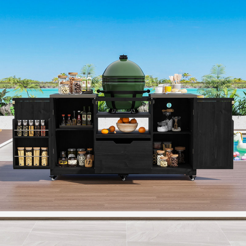 Chariot de cuisine pour l'extérieur avec tablettes réglables, plateau en acier inoxydable et deux armoires de rangement, Noir