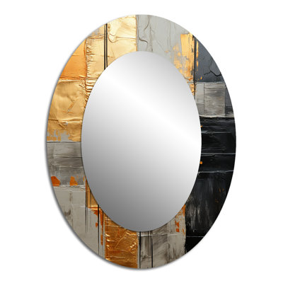 Gold Grey Gleaming Geometry I - Abstract Oval Decorative Mirror On Metal