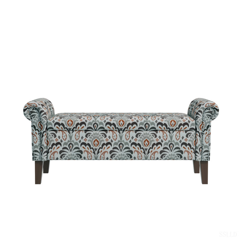 Polyester Upholstered Storage Bench, Ambre / damas gris