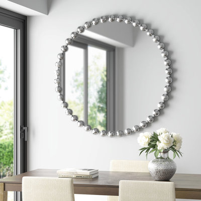 36" Beaded Mirror For Wall - Glamorous Silver Frame And Mirrored Glass Decor Stylish Round Iron With Interior Decoration
