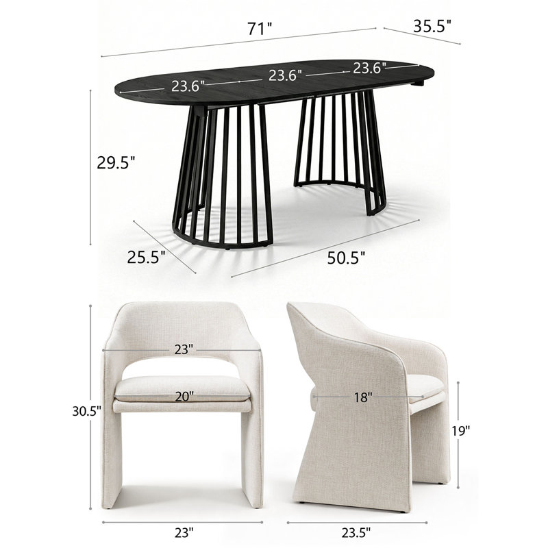 6 - Person Dining Table Sets With Extendable Table & 6 Upholstered Fabric Chairs, Beige