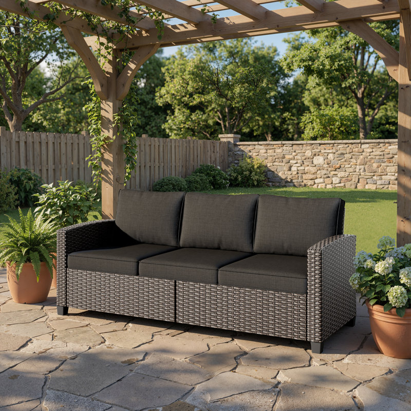 Outdoor Loveseat Chair For 3-Person, Wicker Sectional Patio Sofa With Comfy Cushions For Yard, Garden, Pool, Dark Gray