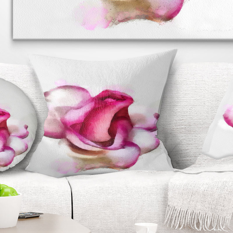 Rose rose rouge dessiné à la main sur fond blanc - coussin imprimé floral, 16 po x 1 po, Coussin décoratif