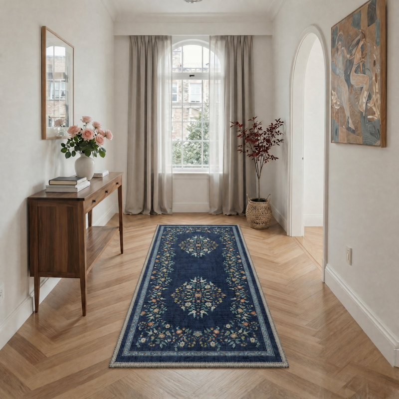 Vintage Navy Blue Floral Area Rug, Non-Slip Backing Machine Washable Distressed Botanical Carpet, Runner 2' x 7'