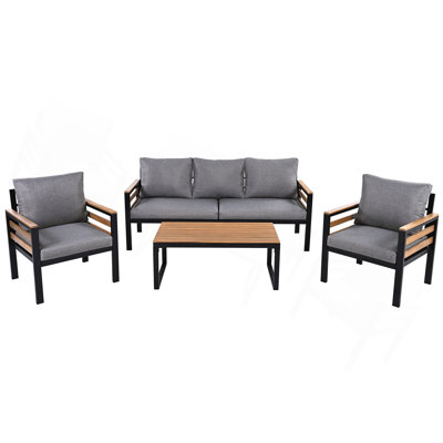 4-Piece Outdoor Furniture Sofa Set for 5 People with  Acacia Wood Armrests, Patio Conversation Set with Removable Cushion and Solid Wood Coffee Table  for Garden, Grey