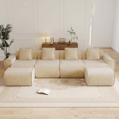 Canapé modulaire en velours 4 places avec coussins décoratifs et 2 repose-pieds