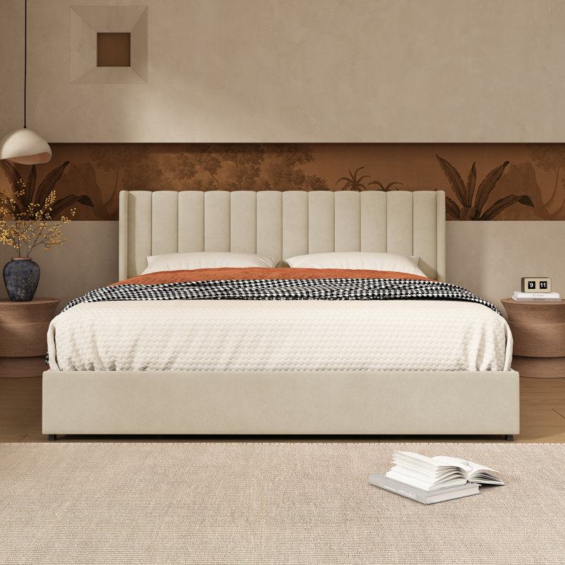 Jeilyn Upholstered Platform Drawer Storage Bed, King, Cream
