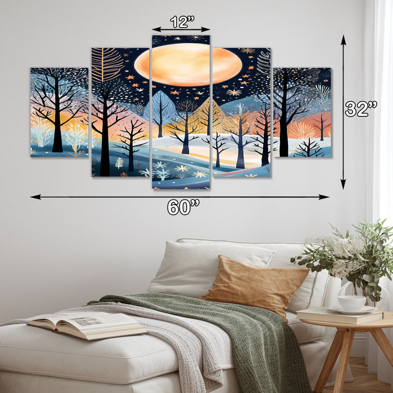 Pleine lune sur les bois d'hiver de Noël - Ensemble de 5 décorations murales forêt, H 32 po x l 60 po