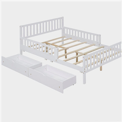 Lit plateforme en bois avec gardes latéraux et deux tiroirs de rangement