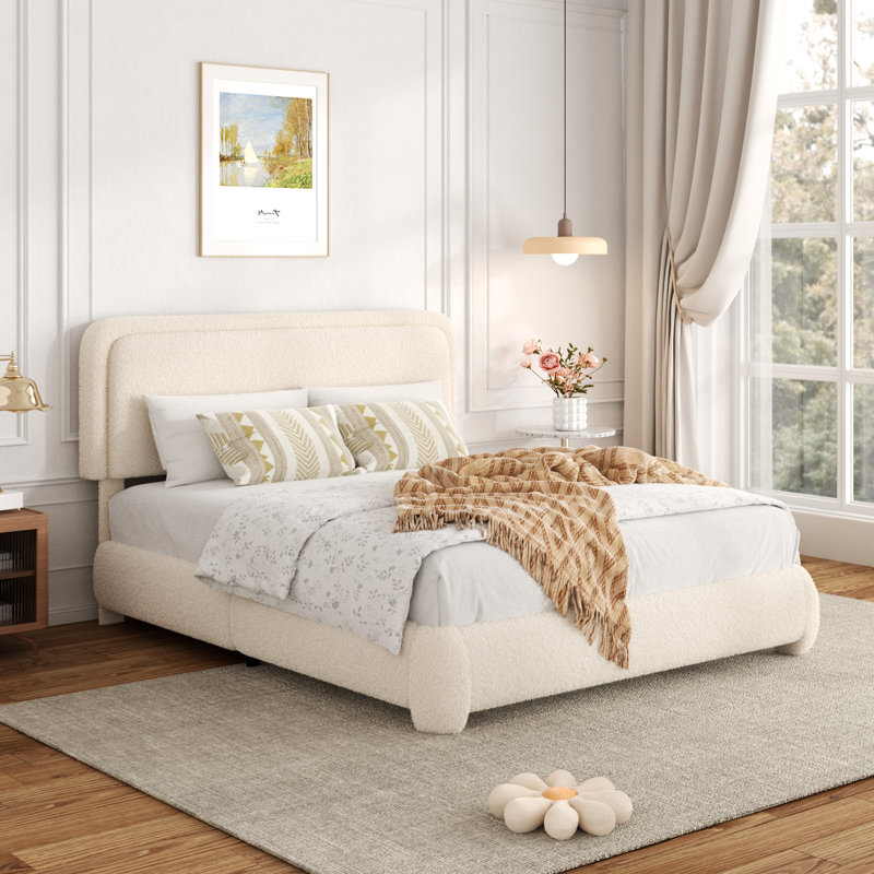 Haden Lambswool Boucle Upholstered Platform Bed Frame with Adjustable Headboard, Queen, Beige
