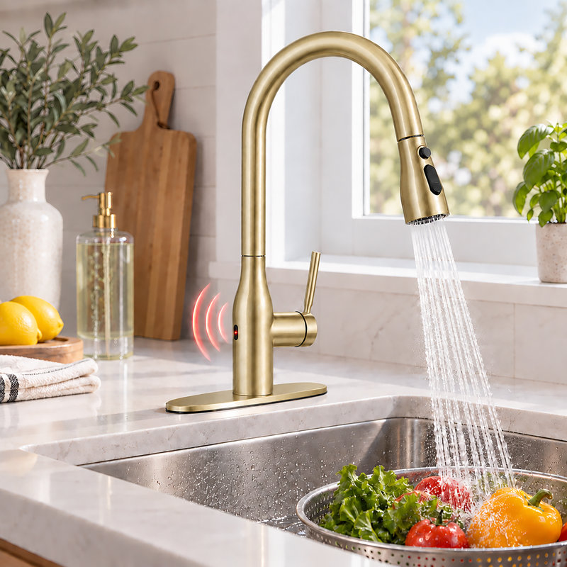 Robinet de cuisine monocommande avec douchette extractible sans contact avec douchette à 3 jets, bec pivotant à 360° et plaque de montage, acier inoxydable SUS 304