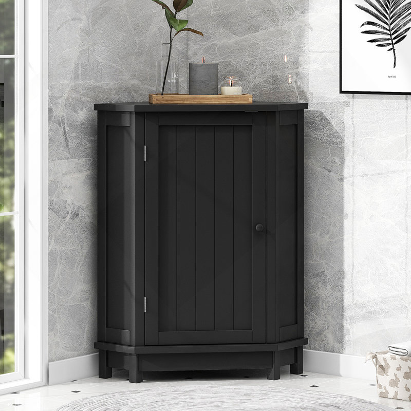 Armoire de rangement de coin triangulaire avec tablettes réglables pour la salle de bain et plusieurs pièces, style moderne et fabrication en panneau de fibres à densité moyenne robuste