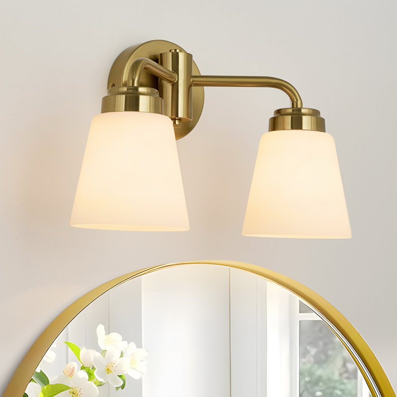 Luminaire de salle de bain 2 lumières à intensité variable avec abat-jour en verre au lait, Laiton brossé, 2