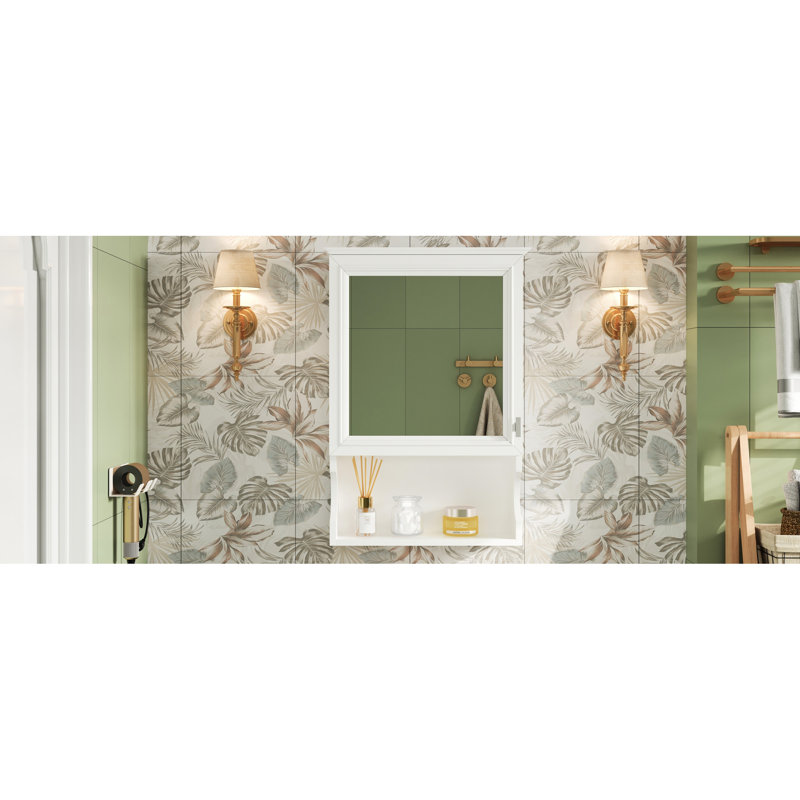 Armoire de miroir de salle de bain murale, détails sculptés élégants, tablettes réglables, quincaillerie blanc de haute qualité, cadre en bois massif, charnières à fermeture douce, utilisation dans le vestiaire
