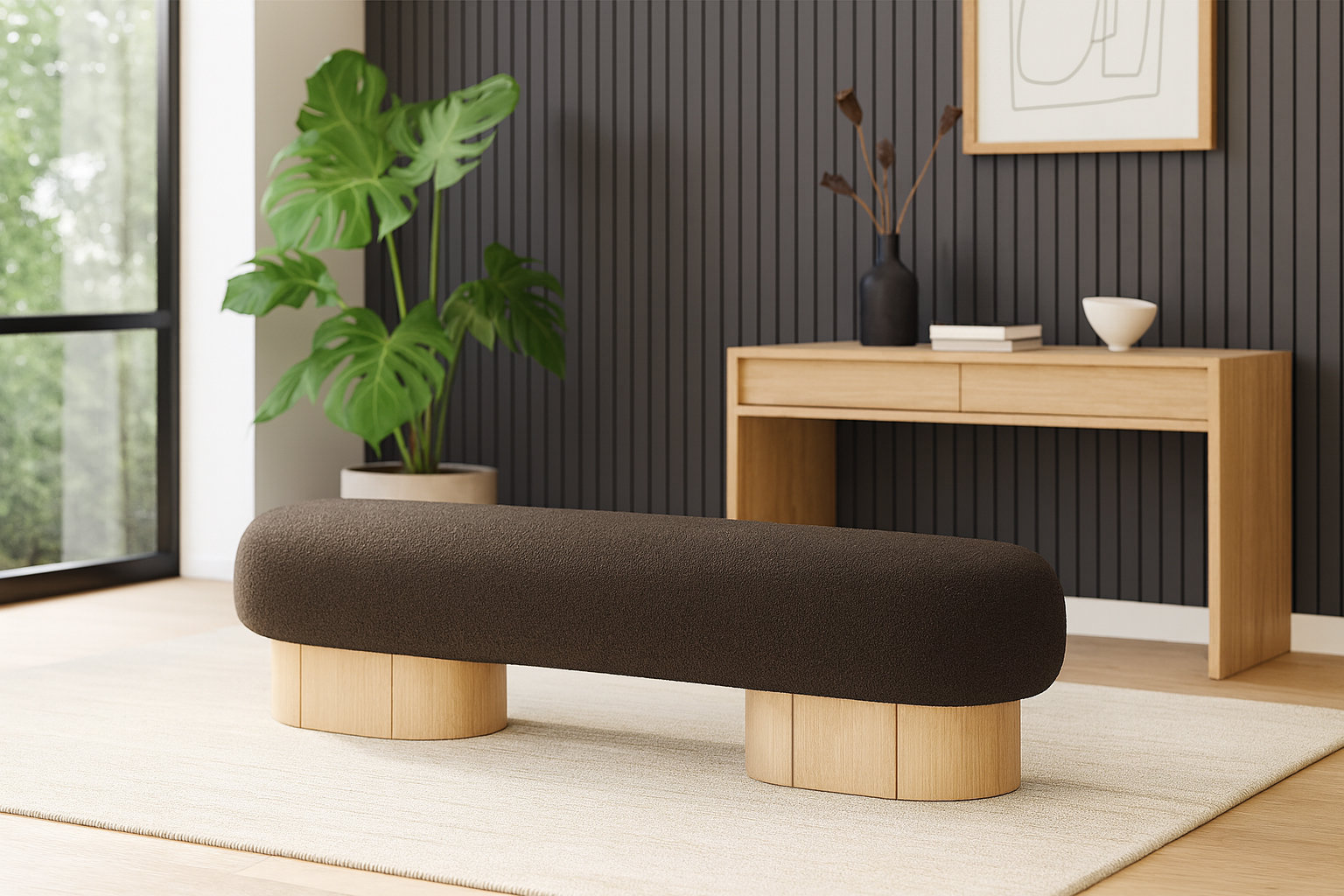 Denyer 61" Bedroom Bench, Light Oak, Brown