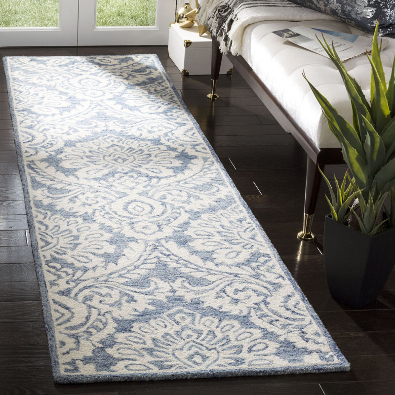 Tapis bleu / ivoire en laine fait à la main Tansy, Tapis de couloir 2 pi 3 po x 10 pi