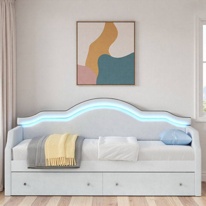 Upholstered Daybed With Led And 2 Drawers, Grey, Twin